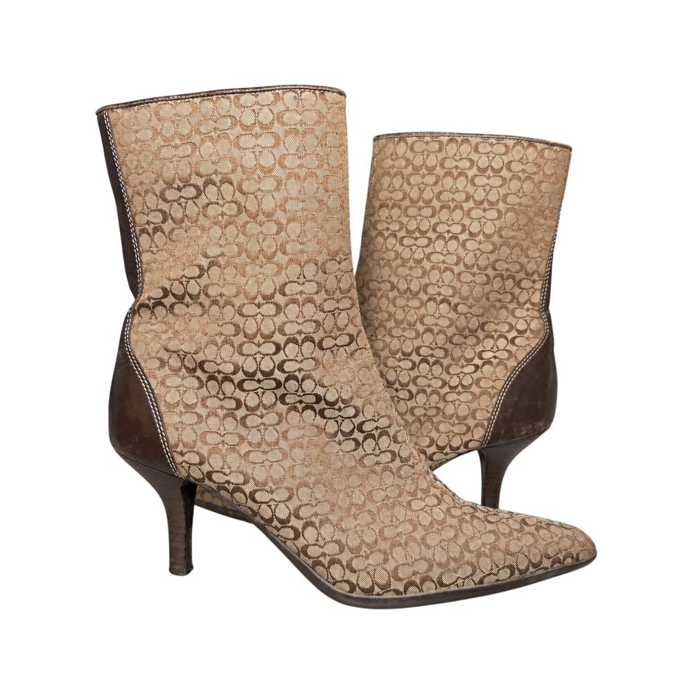 Coach Talia Signature C Jacquard Ankle Boots, Brown Pointed Toe Y2K, Size 8B
